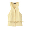 TRAFZA Women Fashion Suit Yellow V-Neck Sleeveless Belt Sngle Breasted Tops+High Waist Pocket Belt Long Skirts Female Summer Set