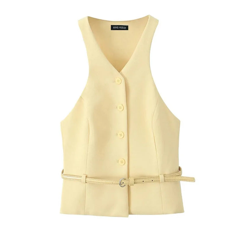 TRAFZA Women Fashion Suit Yellow V-Neck Sleeveless Belt Sngle Breasted Tops+High Waist Pocket Belt Long Skirts Female Summer Set