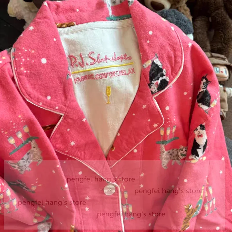 Pink Cartoon Print Pajamas Set Women Soft Sleepwear Cotton Shirt Pant Long Sleeve Autumn Home Clothing Christmas Party Gift