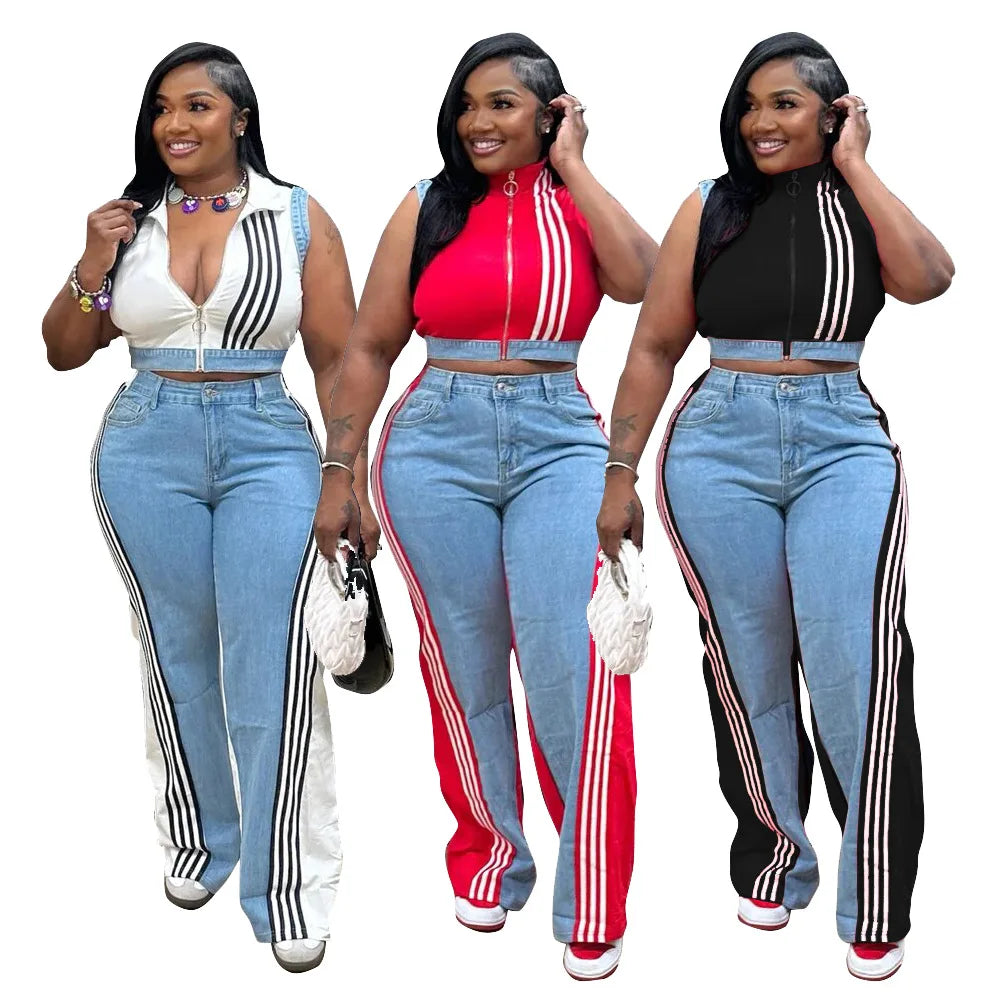2 Pieces Women's Sets 2025 Spring Summer Denim Sleeveless Suit Tops And Wide Leg Pants Suits Two Piece Set Tracksuit Outfit