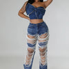 Women's Destroyed Ripped Hole Denim Pants Pearl Rhinestones Chain Distressed Slim Fit Skinny Jeans Y2K Night Club Party Jeans