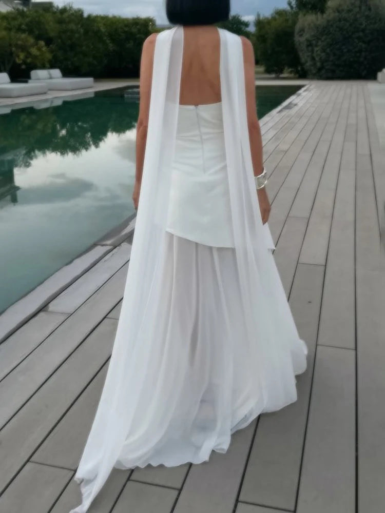 TARUXY Fashion Strapless Dress With Ribbon Female Elegant Sleeveless Mesh Beach Vacation Long Dress 2025 Spring New Women Dress