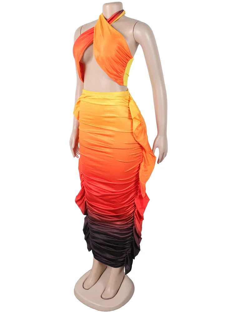 Beyprern Tropical Goddess Halter Neck Crop Top And Maxi Skirt Set Summer Women's Tie Dye Ruched Two-Piece Dress Night Clubwear