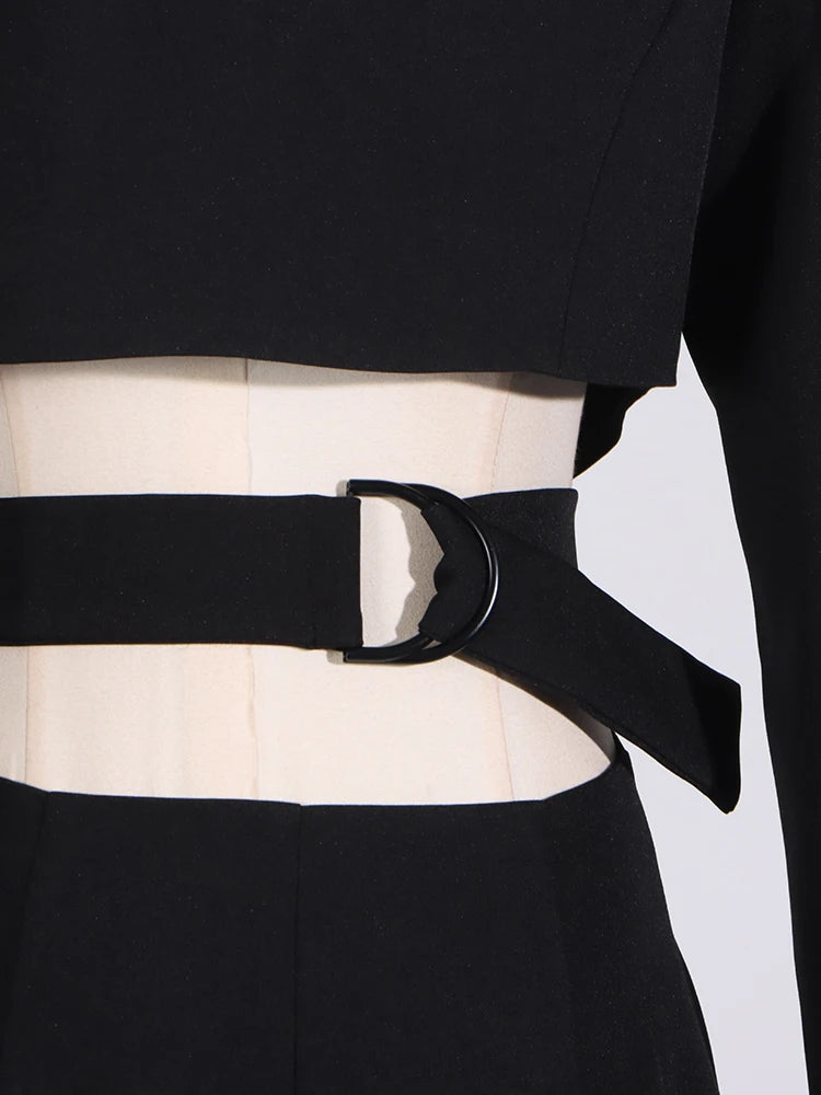 TWOTWINSTYLE Solid Hollow Out Patchwork Belt Blazers For Women Notched Collar Long Sleeve Spliced Single Breasted Blazer Female