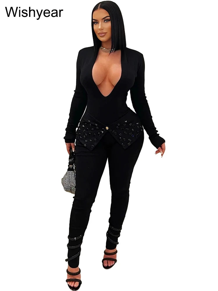 New Full Sleeve V-neck Skinny Pencil Pants Women Jumpsuits Rhinestone Birthday Rompers One Piece Night Club Evening Outfits 2025