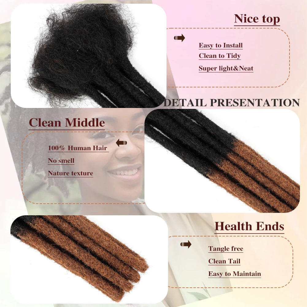0.6cm Thickness 6-24 Inches 10 Stands Pacs Dreadlocks Human Hair Extensions for Women Ombre Brown Loc Extension can be Dyed
