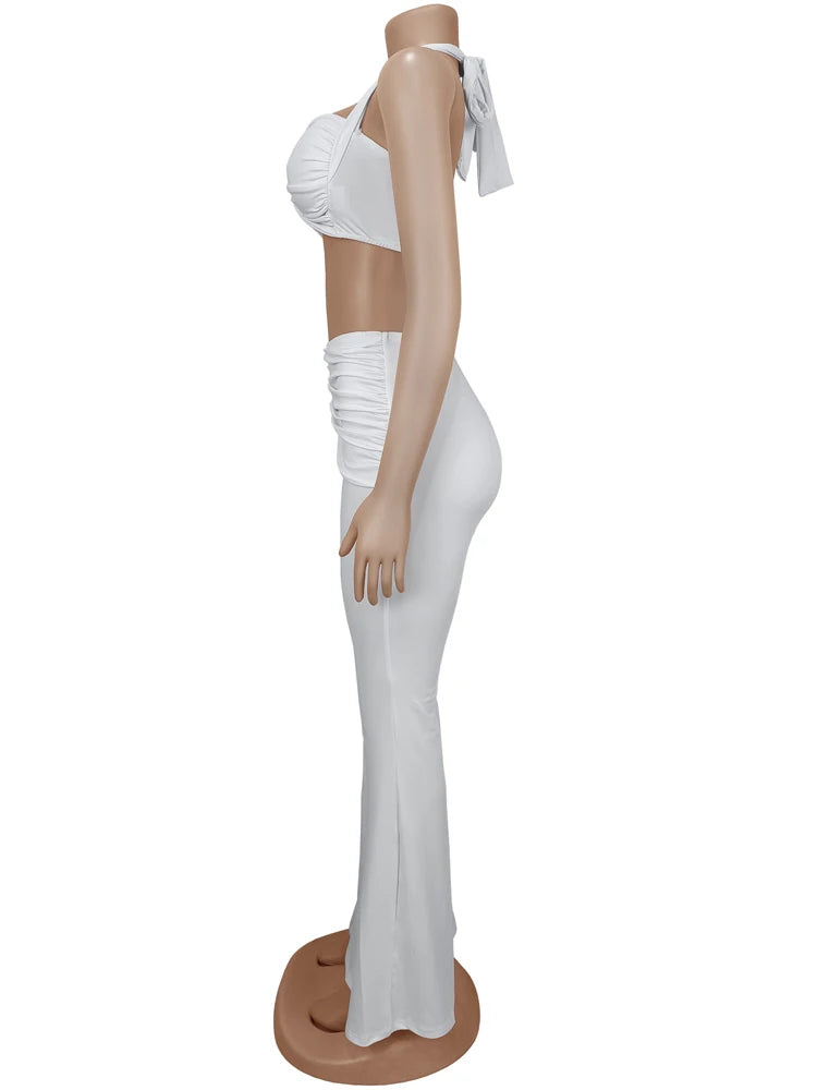 Beyprern New Chic Twist Front Crop Top And Long Straps Wide Legs Pants Set Womens Ruched Metal Tracksuits Set Night Out Overalls
