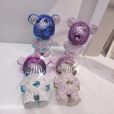 Handheld Fan with Rhinestones Three-Speed Cute Cartoon Bear USB Desktop Portable Convenient Home Office Outdoors Gift