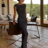 BOOFEENAA Short Sleeve Backless Long Dresses Sexy Outfits for Women Clothes Basics Casual Bodycon Grey Black Dress C71-BH23