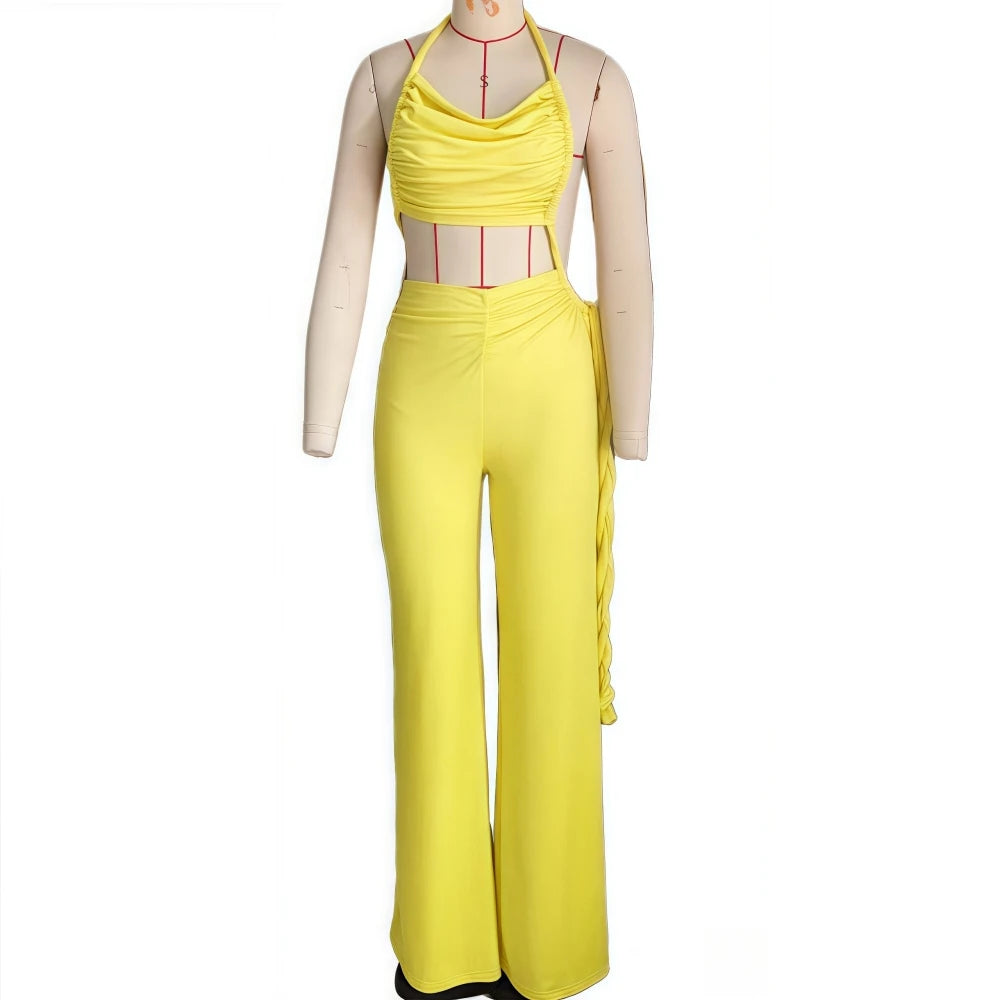 FAGADOER Sexy Ruched Patchwork Bodycon Jumpsuits for Woman Halter Sleeveless Wide-leg Romper Female Streetwear Overalls 2025 New