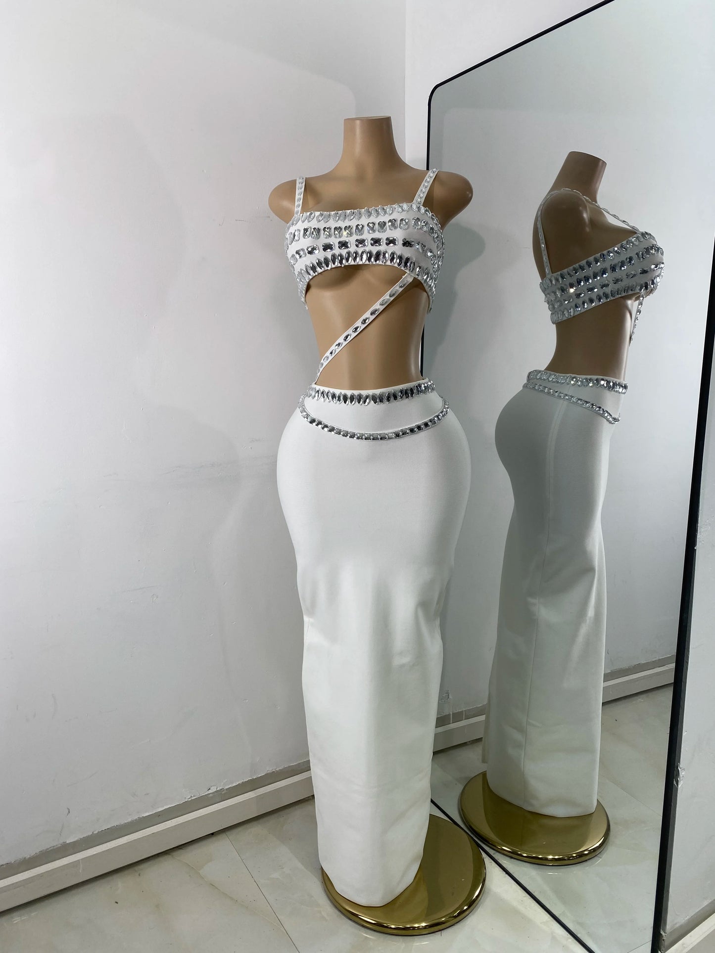 Luxury Crystal Diamonds Top Skirt Two Pieces Women's Bandage Sets White Black Knitted Celebrity Evening Birthday Party Outfit