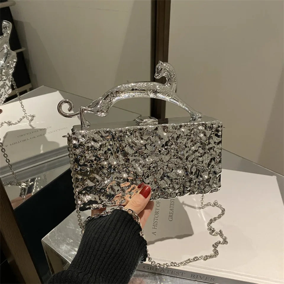 Leopard handle Luxury Gold Silver Party Evening Bag For Women Chain Clutch Handbags And Purses Mini Crossbody Shoulder Phone Bag