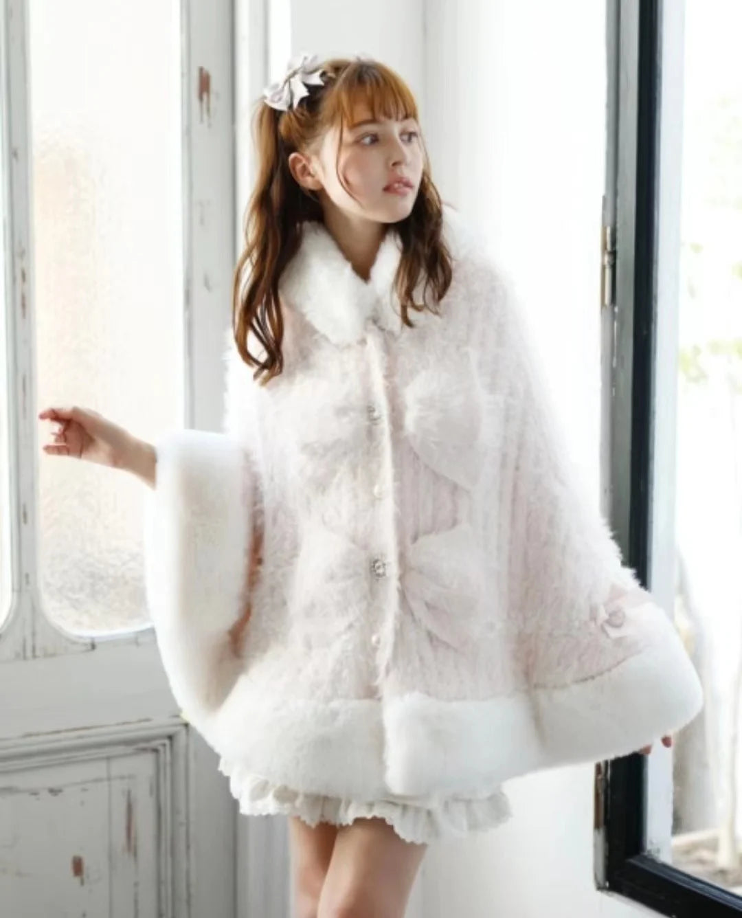 Japanese Liz Sweet Princess Faux Rabbit Fur Cape Coat Women Autumn Winter Fur Jacket Loose Clock Rhinestone Bow Hooded Coat