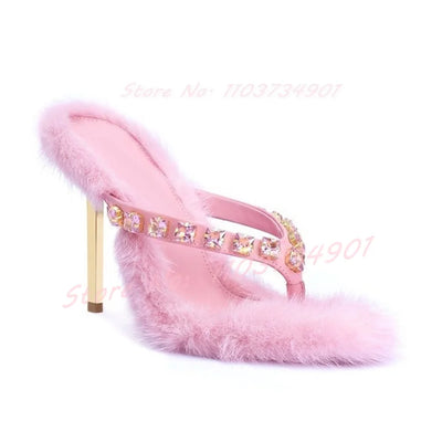 Pink Fur Furry Crystals Mules Women Sexy Flip-Flops Square Toe Metal High Heels Slippers Female Party Outdoor Fashion Shoes