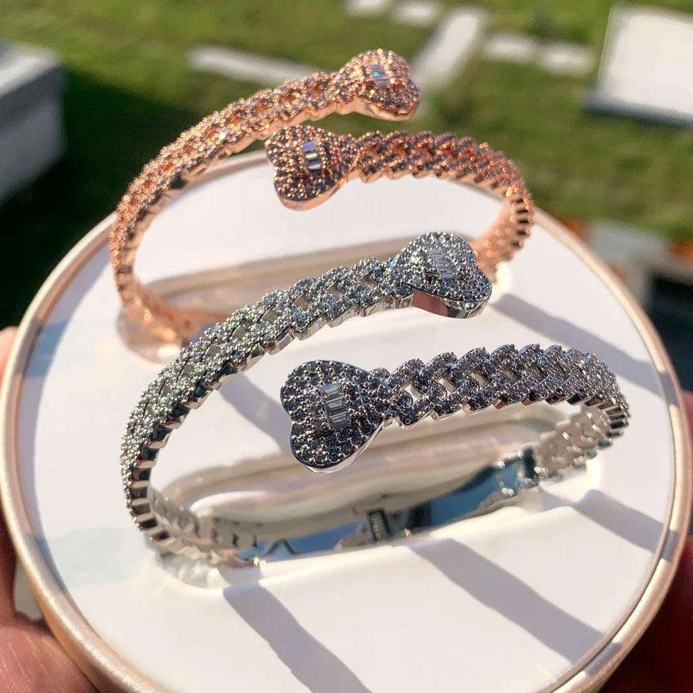 Iced Out Cuff Bangle Paved Setting Bling Cz Cubic Zirconia Wrist Cuban Chain Link Bracelets Fashion Hip Hop Jewelry for Women