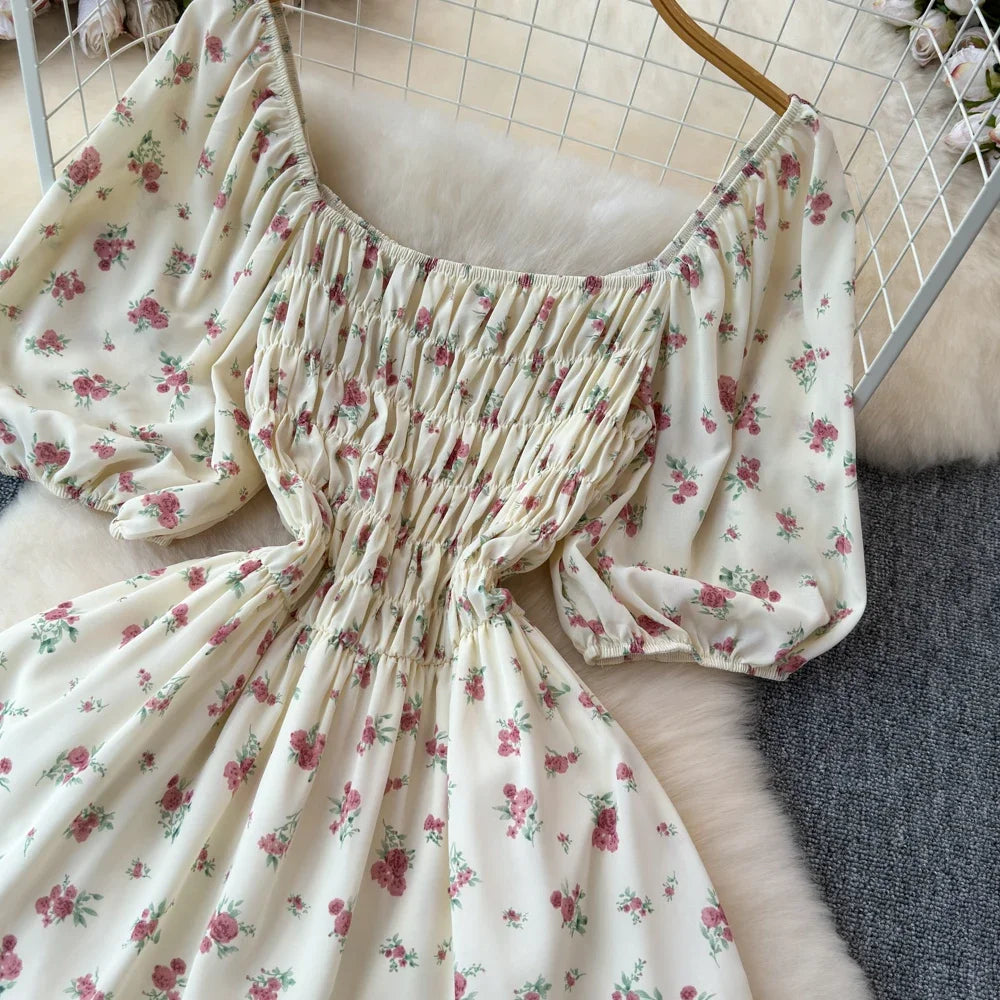2024 New Summer Flower Print Long Dress Women Vintage Square Neck Ruched Chest Sash Bandage Sundress Party Vestidos