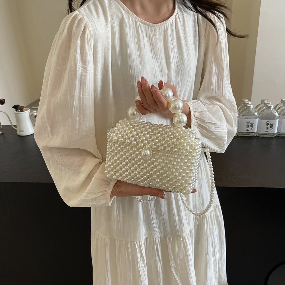 2024 Newest Handmade Pearl Knitting Evening Handbag Luxury Women's Snall Crossbody Bag High-end Hand-Woven Elegant Clutch Purses