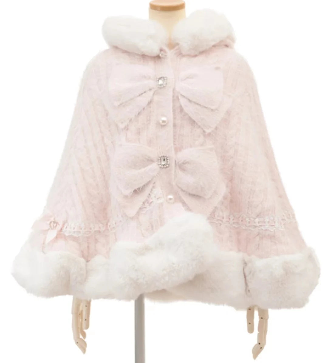 Japanese Liz Sweet Princess Faux Rabbit Fur Cape Coat Women Autumn Winter Fur Jacket Loose Clock Rhinestone Bow Hooded Coat