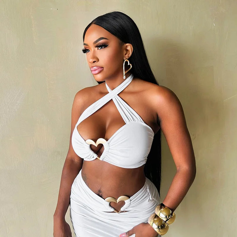Sexy Metal Loving Heart 2 Piece Dresses Sets Halter Bandage Corset Tops and Mini Skirts Night Club Outfit White Black Streetwear