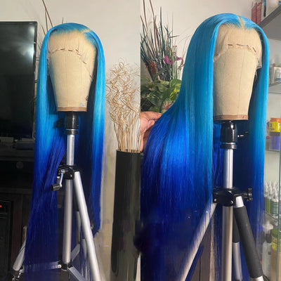 Ombre Blue Blonde Preplucked Long Lace Front Wig Straight 180%Density Hairline Glueless For Women Synthetic Fiber