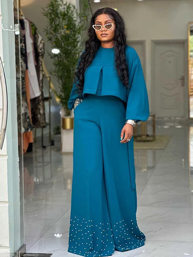 Spring Clothes for Women 2 Piece Sets Women Outfit Lantern Sleeves Suit with Wide Pants and Top High Street Ladies Elegant Sets