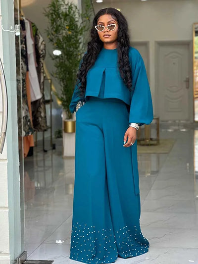 Spring Clothes for Women 2 Piece Sets Women Outfit Lantern Sleeves Suit with Wide Pants and Top High Street Ladies Elegant Sets