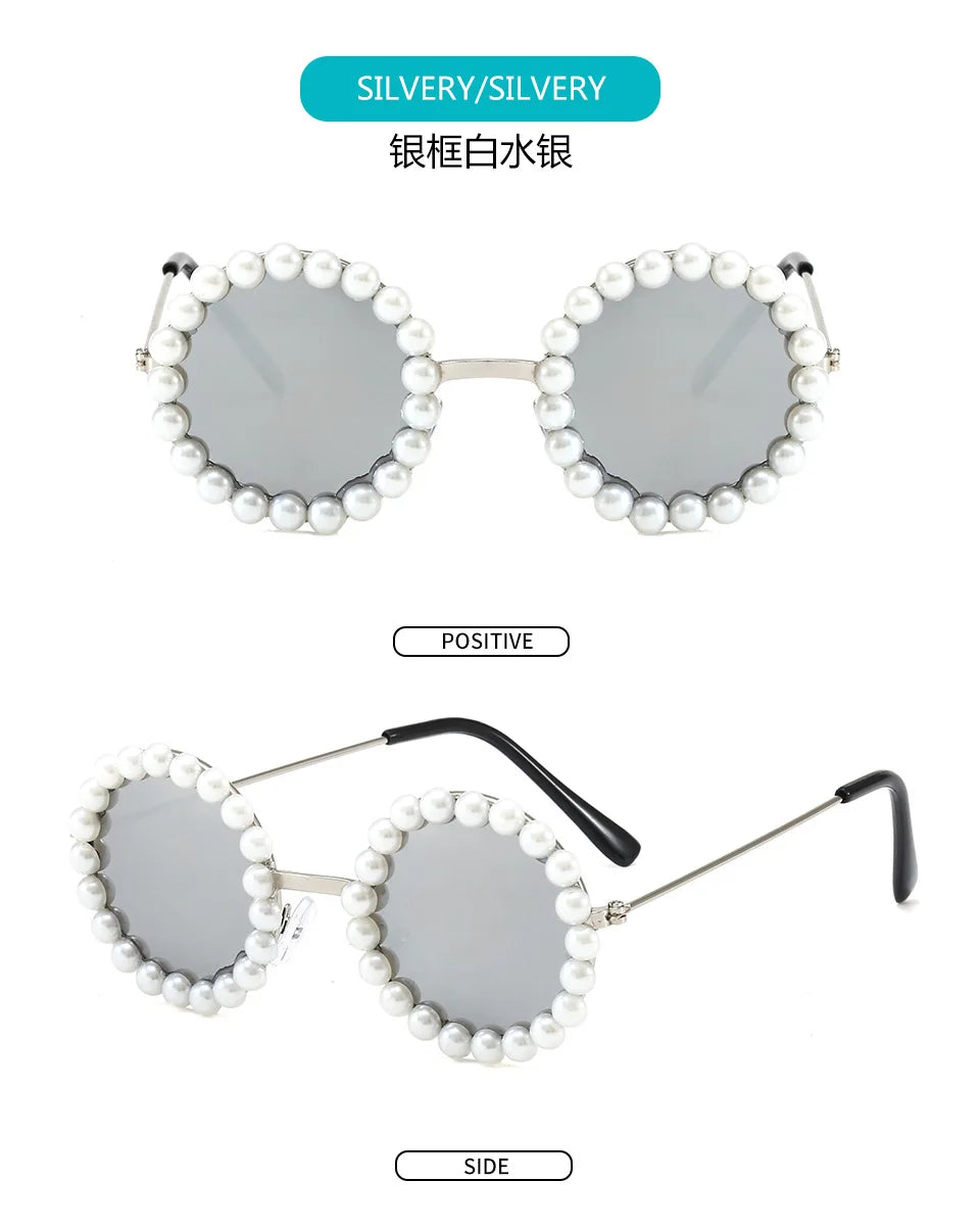 New Children's Circle Form Sunglasses Girl Decorative Pearl Frame Fashion Sun Glasses Cute Baby Outdoor Sunshade Eyewear UV400