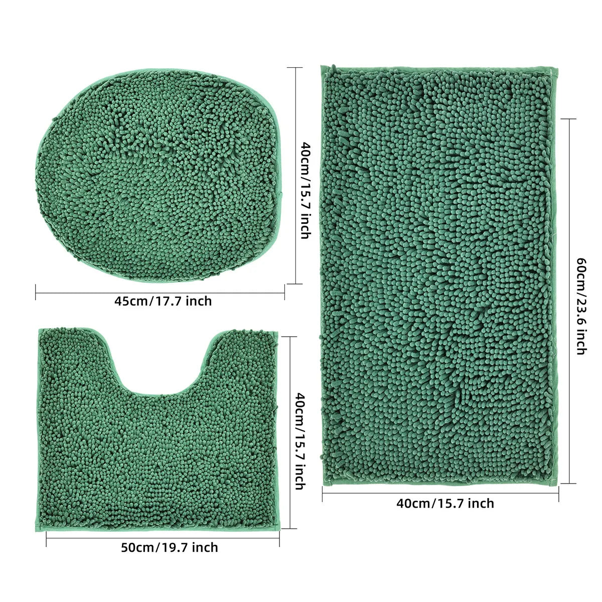 3-piece bathroom chenille floor mat, absorbent anti slip bathroom carpet, bathroom U-shaped foot mat, toilet lid, TPR anti slip
