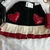 Y2K Womens Street Clothing Heart shaped Leather Clothing Two Punk Jacket Cut Denim Patchwork Retro Pleated Mini Skirt Jacket Set