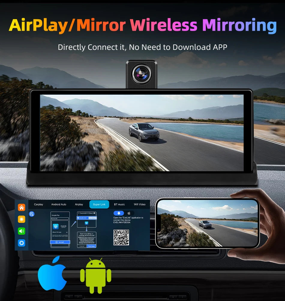 Develuck 10.26" Car DVR 350° Adjustable Carplay Android Auto Dash cam 4K Front&1080P Rear Camera Voice Control WIFI Dual lens FM