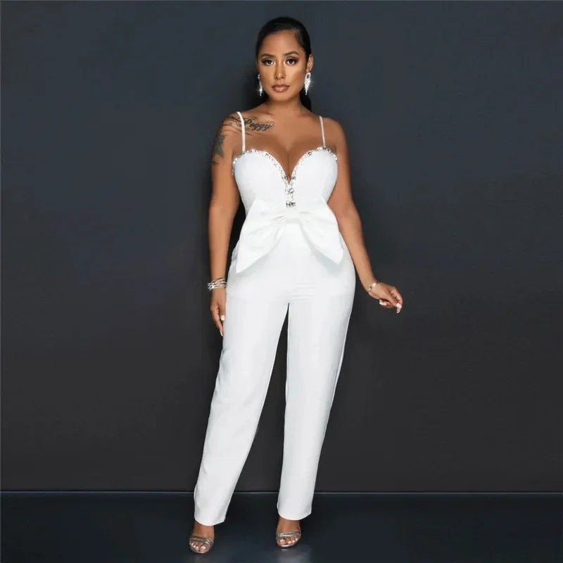 Spaghetti Strap Deep V Neck Sexy Women Straight Jumpsuits Rompers 2023 Rhinestone Big Bowknot Party Jumpsuit Birthday Outfits