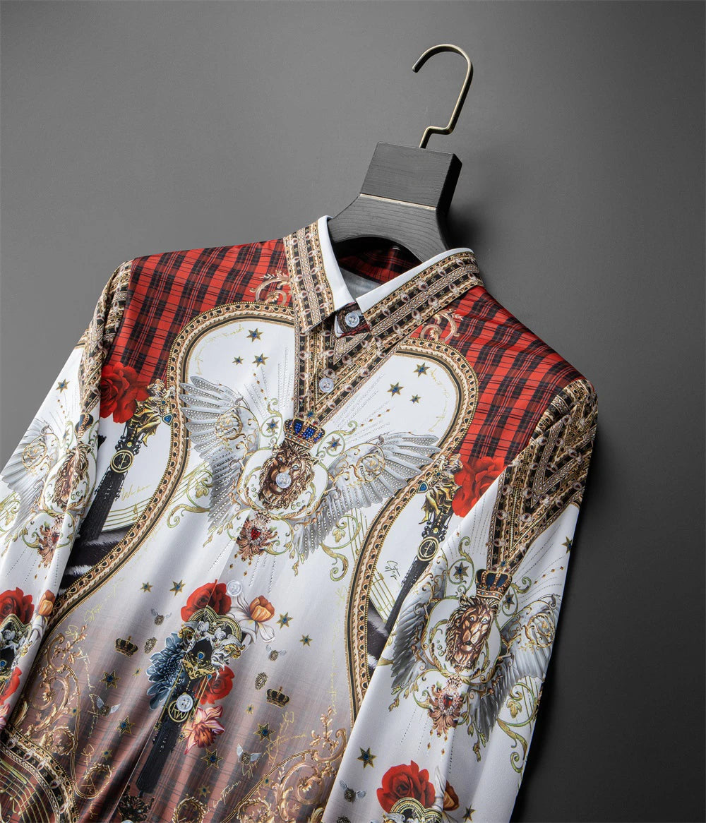 Fashion Men's Luxury Retro Print Shirt Crown Diamond Casual Social Shirt Long Sleeve Slim Fit Business Party Dress Shirt XS-6XL