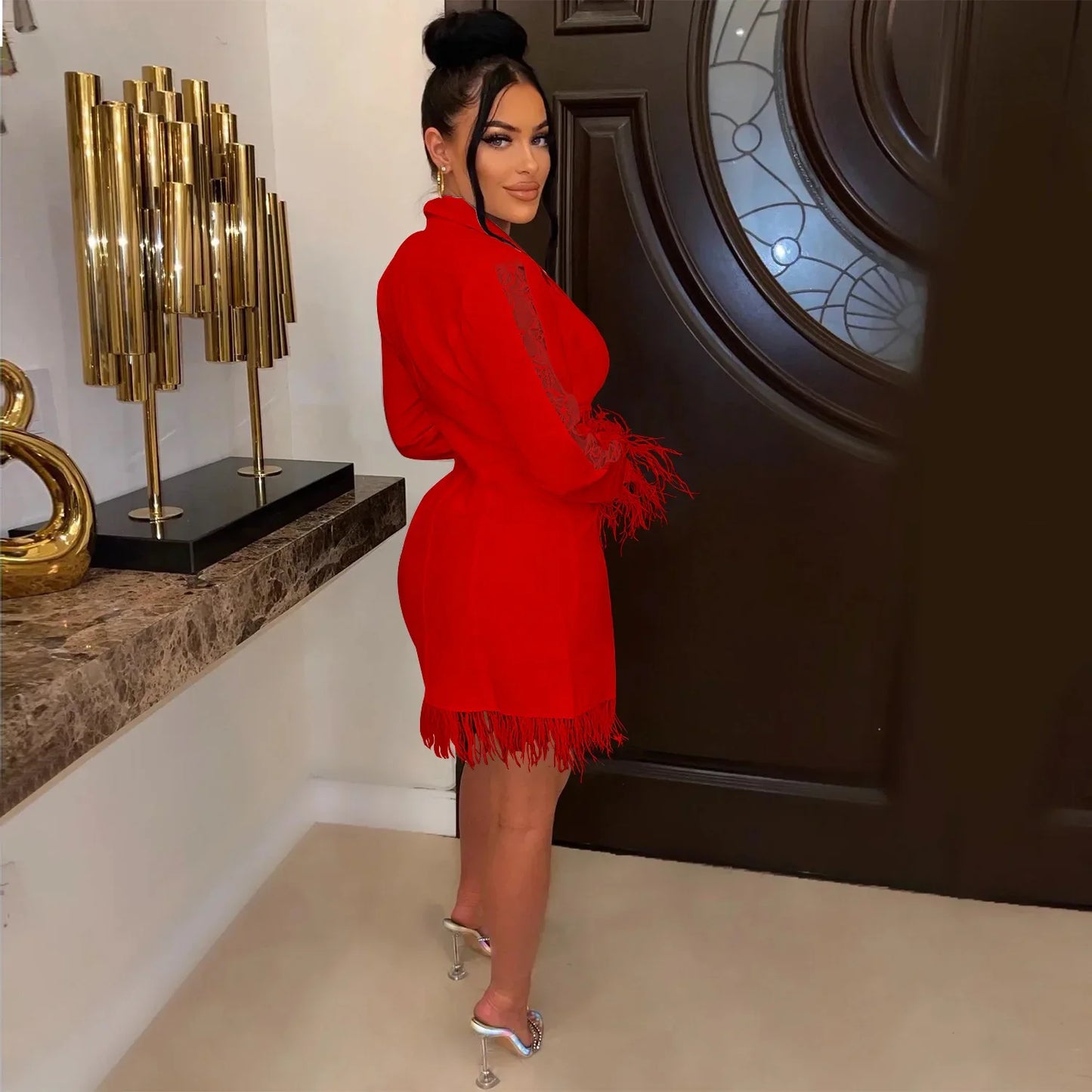 FANAN Elegant Women Double Breasted Tassel Hem and Long Sleeve Notched Collar Lace Waist Patchwork Blazer Dress Vestidos 2022