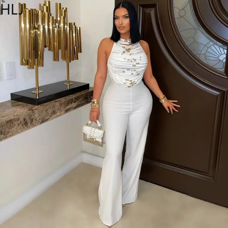 HLJ Elegant Beaded Patchwork Bodycon Jumpsuits Woman Sleeveless Backless Flare Pants One Piece Romper Female Streetwear Overalls