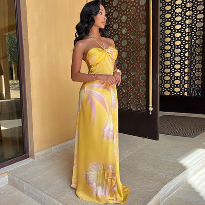 Women's Floral Print Sexy Halterneck Strappy Strapless Backless Slim Long Dress 2024 Summer Holiday Beach Loose Evening Vestidos