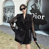 Fashion Hollow Out Mesh Patchwork Blazer for Women Y2K Korean Chic Net Long Sleeves Loose Black Coat Gothic Casual Suit Jacket