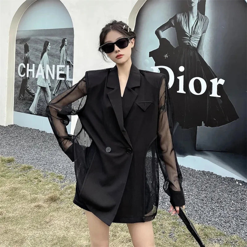 Fashion Hollow Out Mesh Patchwork Blazer for Women Y2K Korean Chic Net Long Sleeves Loose Black Coat Gothic Casual Suit Jacket