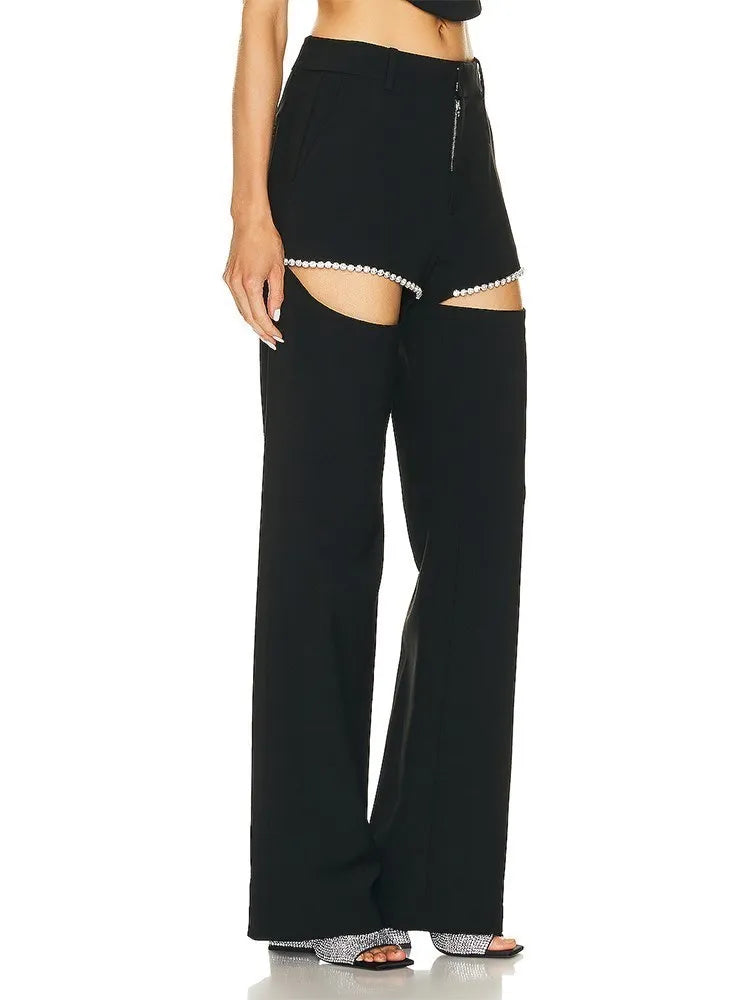 TWOTWINSTYLE Solid Wide Leg Pants For Women High Waist Hollow Out Spliced Diamonds Loose Straight Pant Female Fashion Clothing