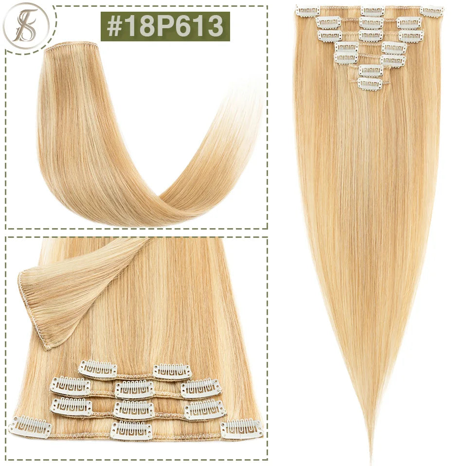 TESS 7Pcs/Set Human Hair Clip In Hair Extensions Natural Extension 14"-24" Full Head Blonde Human Hair Clip Ins Remy Hair Pieces