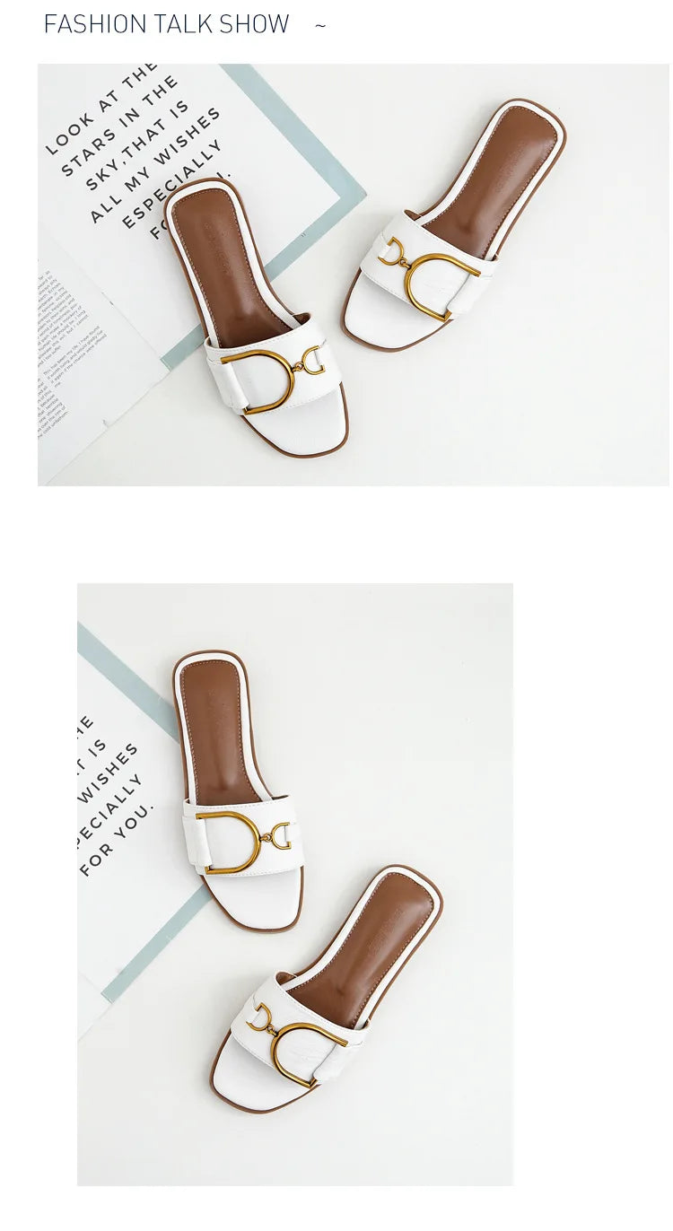 Summer Women Slippers Leather Square Toe Women Flats Flip Flops Designer Ladies Slides Sandals Women Shoes Luxury Sandals