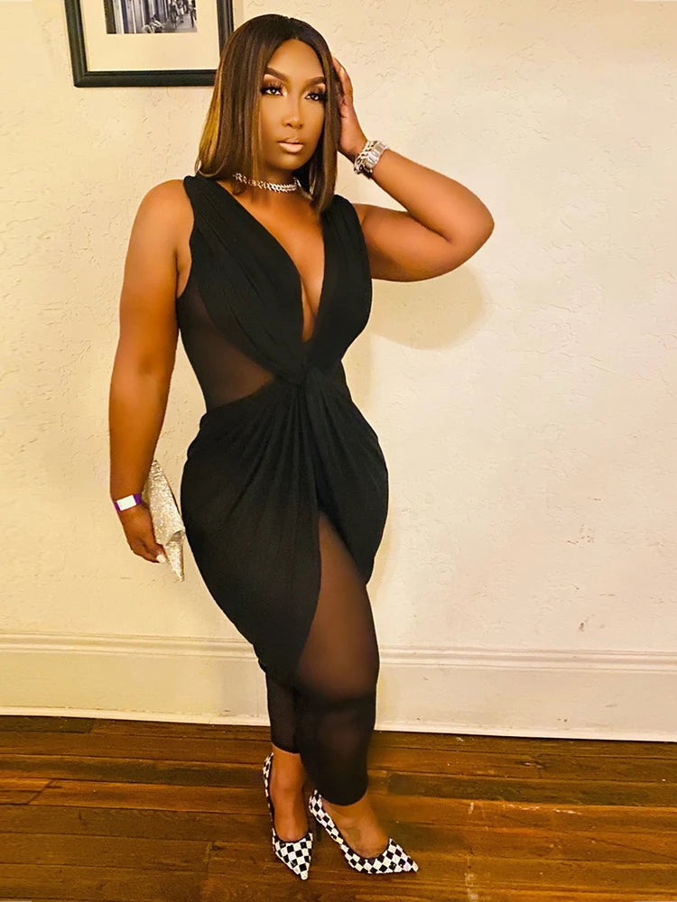 Female Jumpsuit Summer One Piece Ladies Mesh Jumpsuit V Neck Sleeveless Sexy Jumpsuit Woman Wholesale Dropshipping