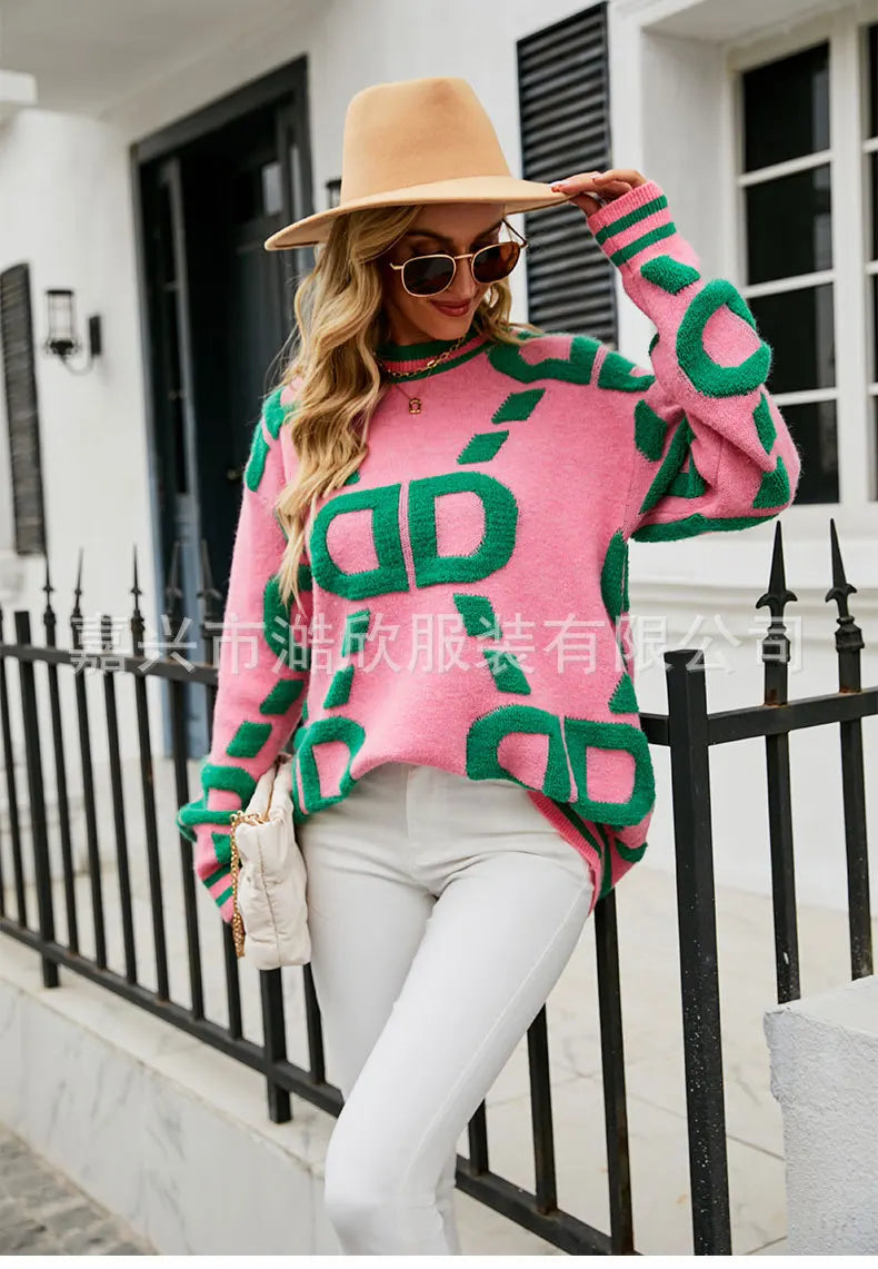 Knitted Sweaters Women 2023 Spring/Autumn Round neck Letter  Embroidery Pullovers Top Temperament casual warm Tee contrast color