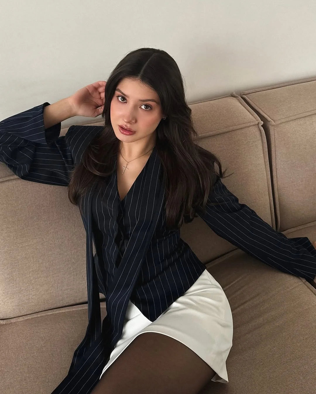 Tossy Elegant Female Striped Suit Coat For Women Scarf Lace-Up Patchwork V-Neck Long Sleeve Luxury Outwear Female Jackets Coat