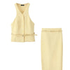 TRAFZA Women Fashion Suit Yellow V-Neck Sleeveless Belt Sngle Breasted Tops+High Waist Pocket Belt Long Skirts Female Summer Set
