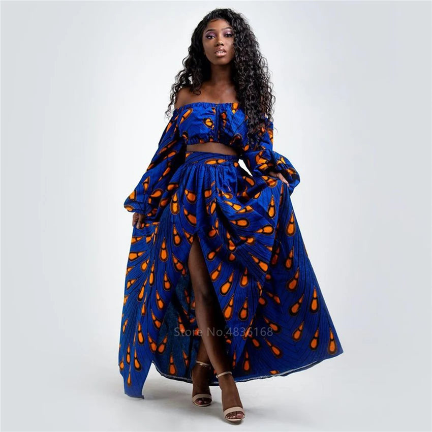 African Dresses for Women Autumn 2-piece Set Lady Full Sleeve Shoulder Off Festher Dashiki Print Split Skirts Africna Clothes