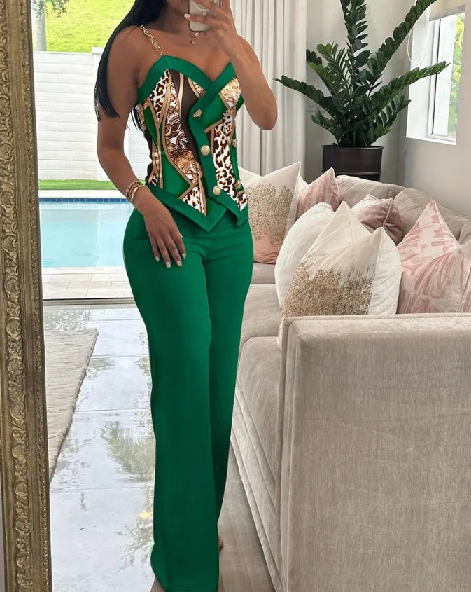 Spring Summer Sleeveless Suit Fashion Print Two Piece Sets Women Sexy V-neck Button Metal Sling Top & Wide Leg Pants Outfits