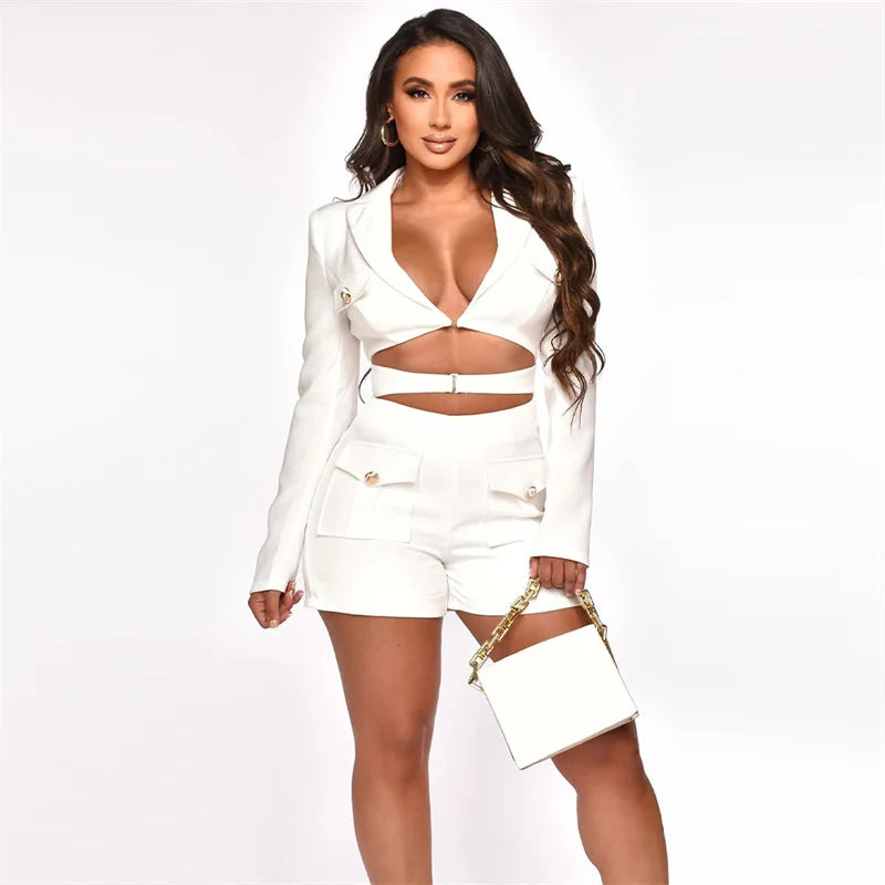 Elegant Stylish Blazer Style Rompers Womens Jumpsuit Shorts Long Sleeve Hollow Out Bodycon Playsuit One Pieces Club Outfits