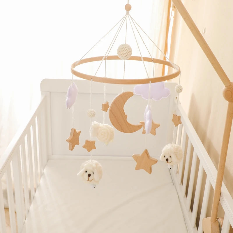 Baby Crib Mobile Bed Bell Rattle Toys Wooden Crochet Stars Pendant Bed Bell Toys Newborn Comfort Crib Bracket Hanging Toys Gifts