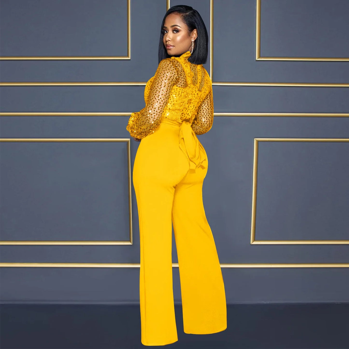 Fashion Women's Clothing Hollow Long-sleeved Loose Wide Leg Jumpsuits Overall Pants Solid Color Sexy Lace