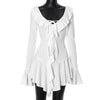 Ruffled Lace-Up White Mini Dress Women's V-Neck Patchwork Long Sleeve Sexy Slim Dress Bandage Elegant Female Summer Dress
